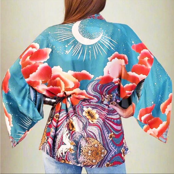 Teal Stargazer Kimono Short Robe Lightweight Cover Up Festival Beach Layer Boho - Picture 9 of 16